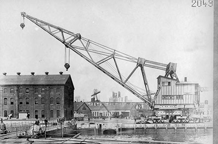 A dry dock crane sits near a navy yard in New York.