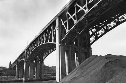 Ground-level view of Lorain Carnegie Bridge trusses, west end, 1980