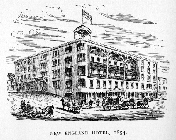 drawing of New England Hotel, 1854