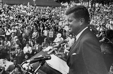 Sen. John F. Kennedy addresses crowd at a 1960 campaign rally (Frank Aleksandrowicz)