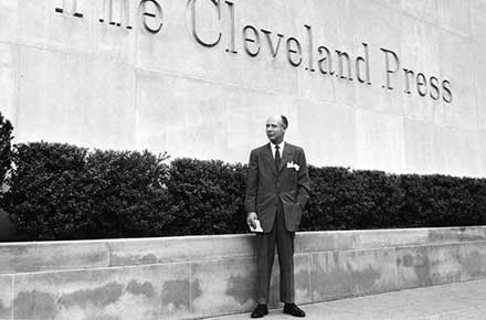 Cleveland Press Editor Louis B. Seltzer in front of Press building, 1960
