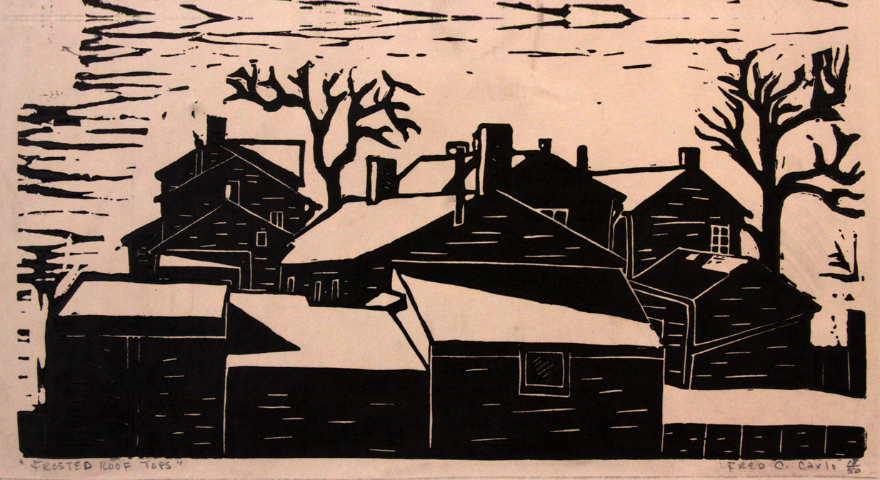 Frosted Roof Tops, linocut by Fred C. Carlo.