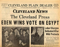 Upper half of front page of a 1956 Cleveland newspaper showing three mastheads